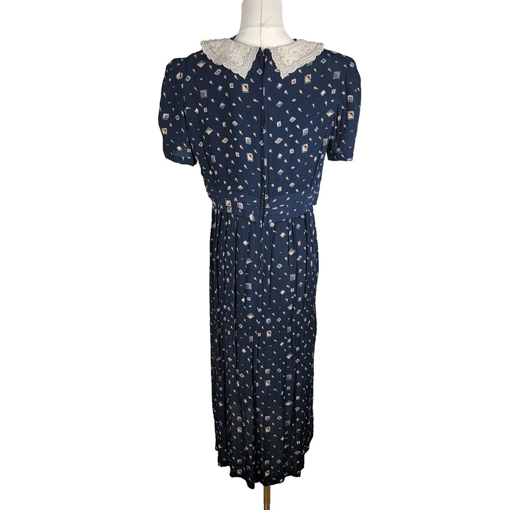 Karin Stevens Navy Vtg Geometric Print Midi Dress Lace Collar Beaded Vintage 10 - Picture 2 of 16